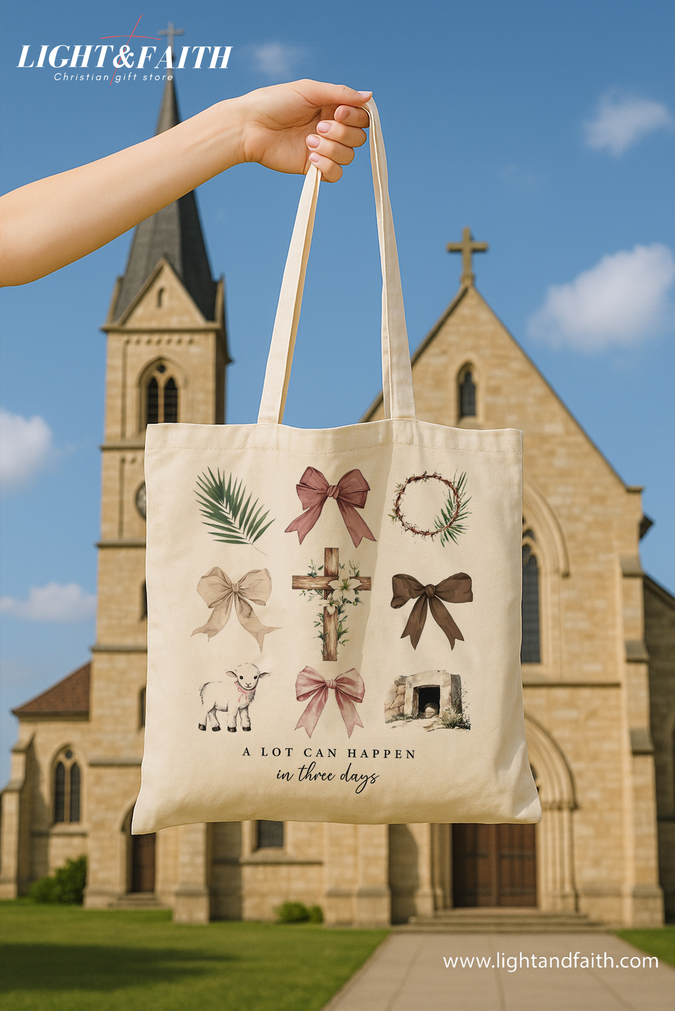 A Lot Can Happen In Three Days Tote Bag, Christian Easter Canvas Bag, Resurrection Cross Lamb Tote, Faith Hope Religious Gift for Women TBLAF43